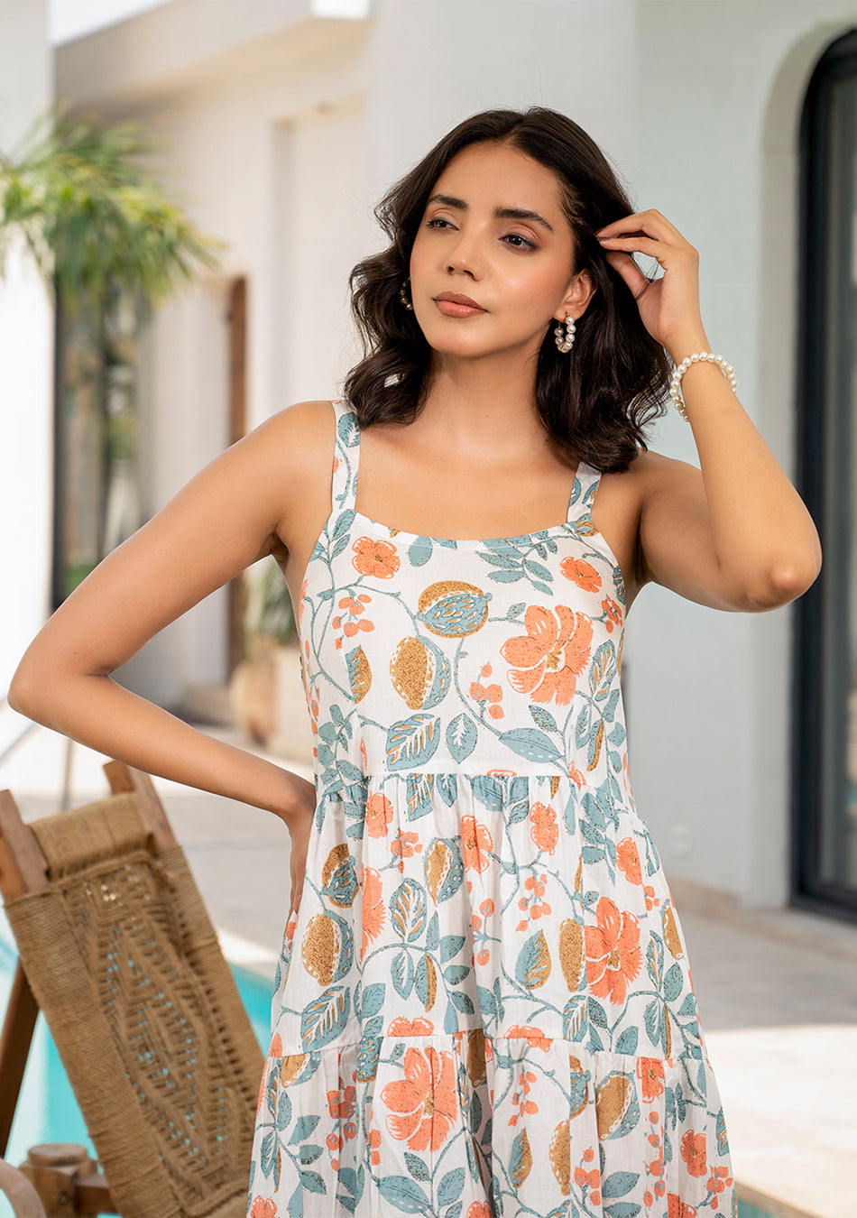 White Floral Printed Shoulder Strip Calf Long Dress