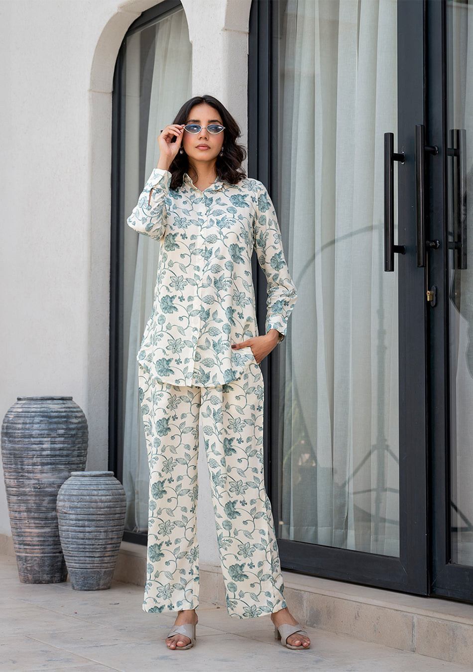 White & Green Floral Printed Rayon Co-ord Set