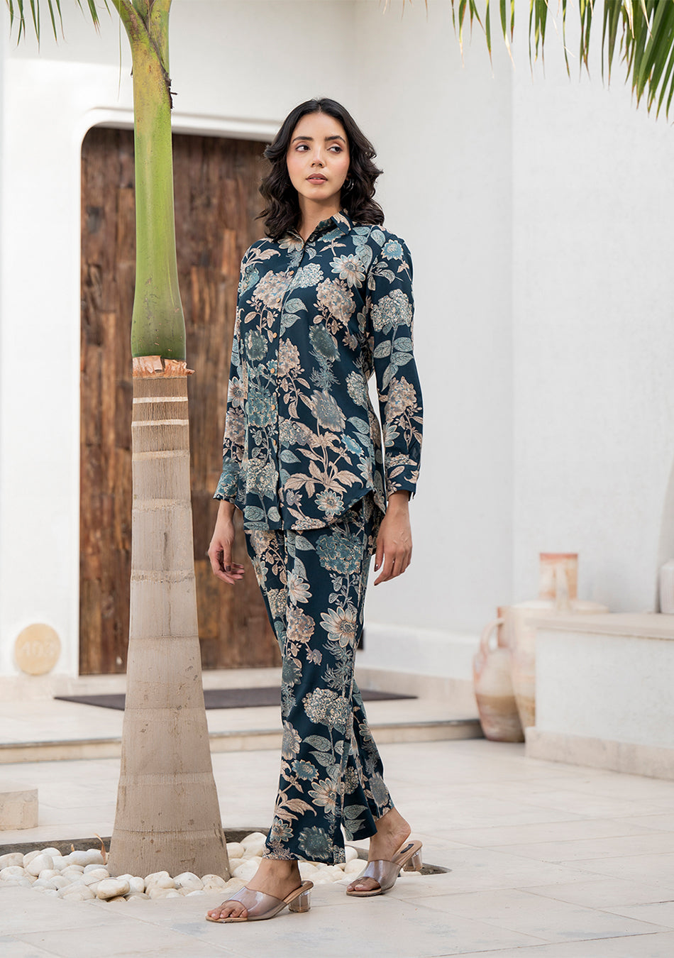 Bottle green Floral Printed Rayon Co-ord Set