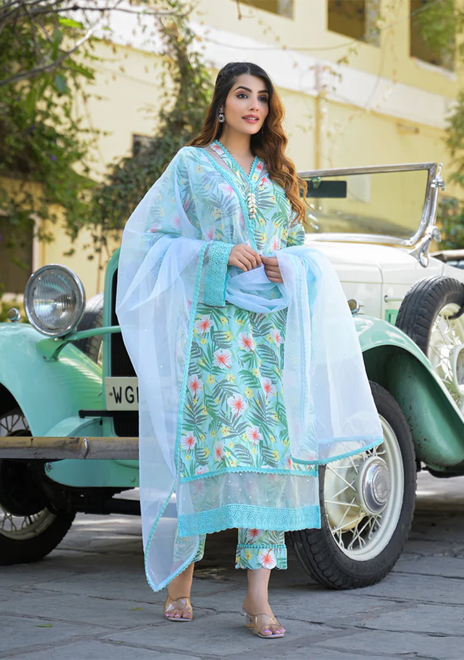 Seagreen Floral Printed Rayon Kurta Pant Set With Dupatta