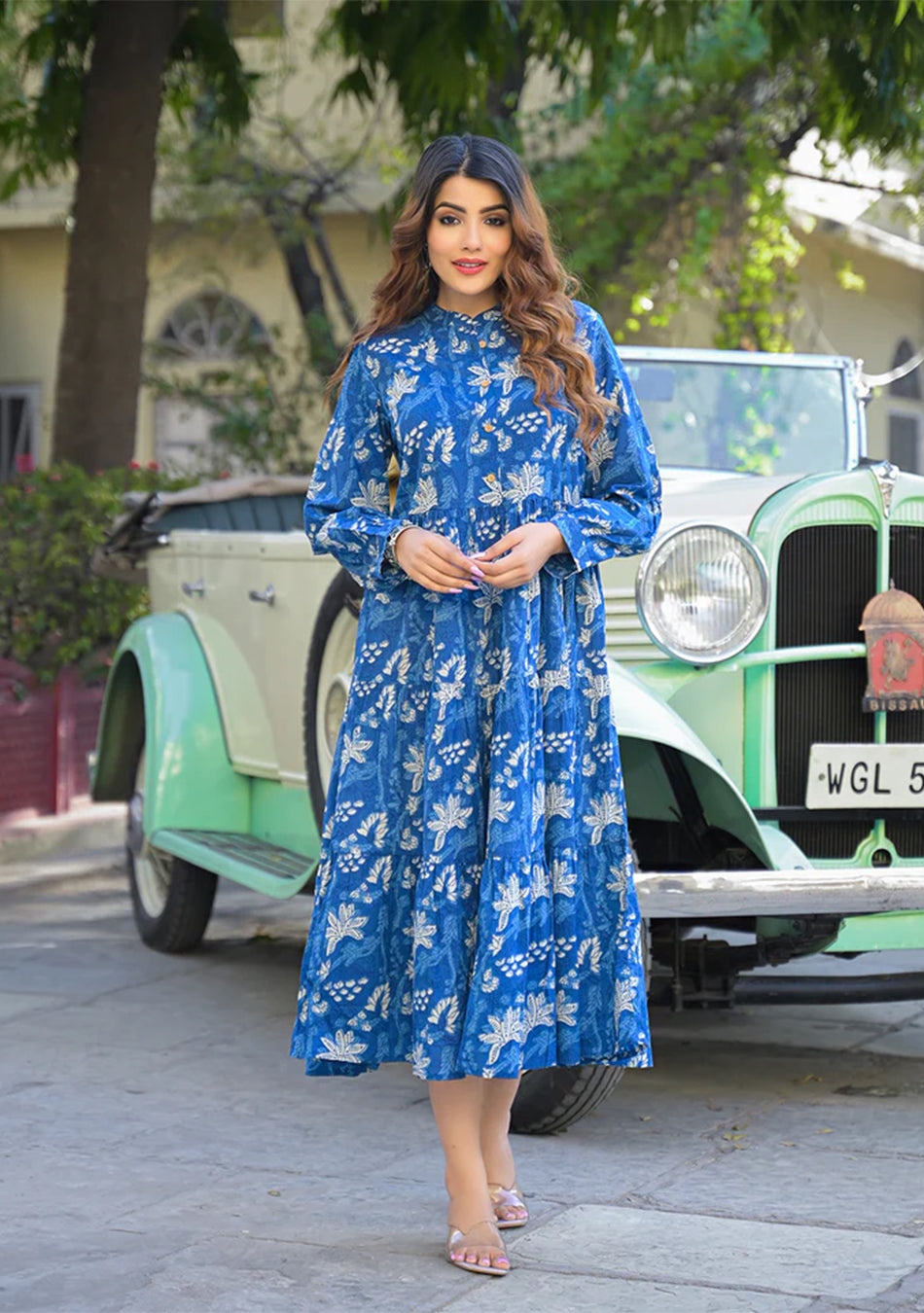 Blue Floral Print Cotton Fabric Flared Dress