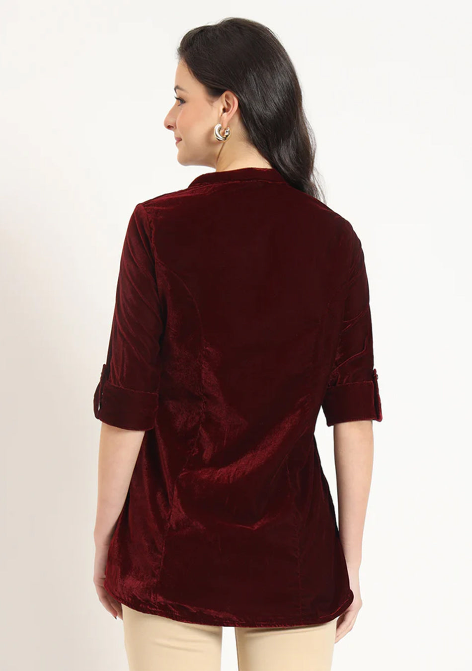 Maroon Solid Print Velvet Straight Top