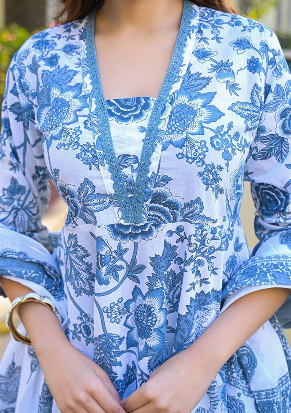 Blue Floral Printed Anarkali Pure Cotton Kurta with Trousers & Dupatta