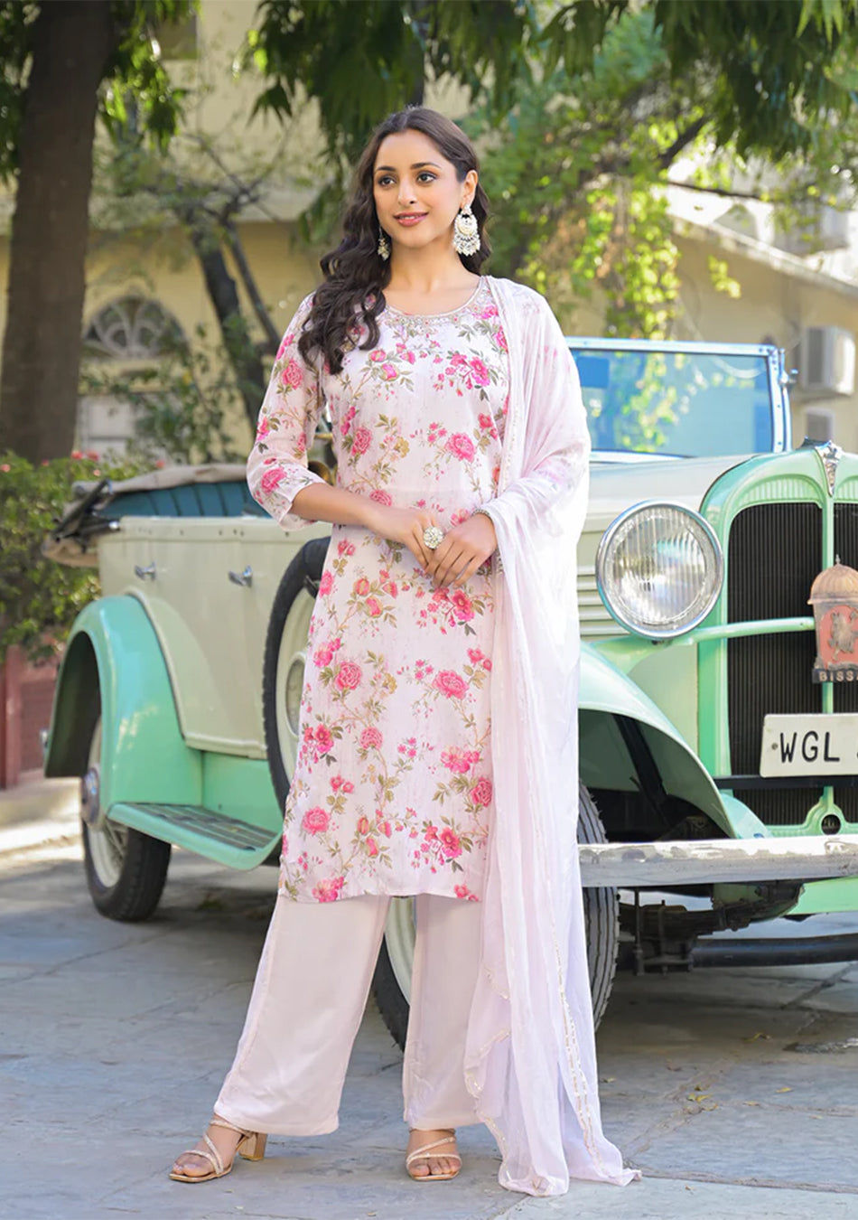 Light Pink Floral Printed Muslin Straight Kurta Pant with Dupatta
