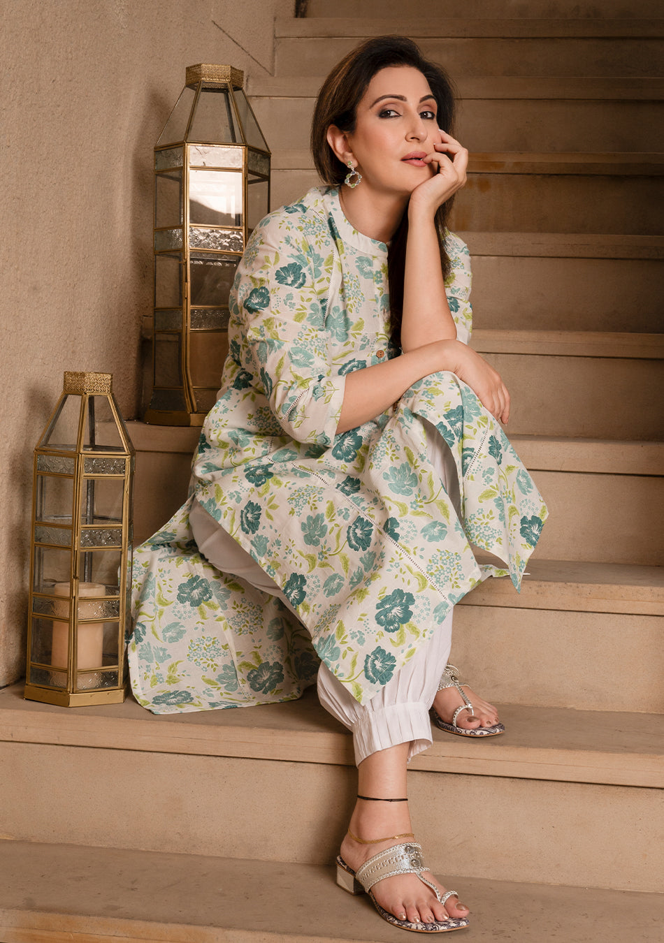 White Printed Pure Cotton A-Line Kurta Sets