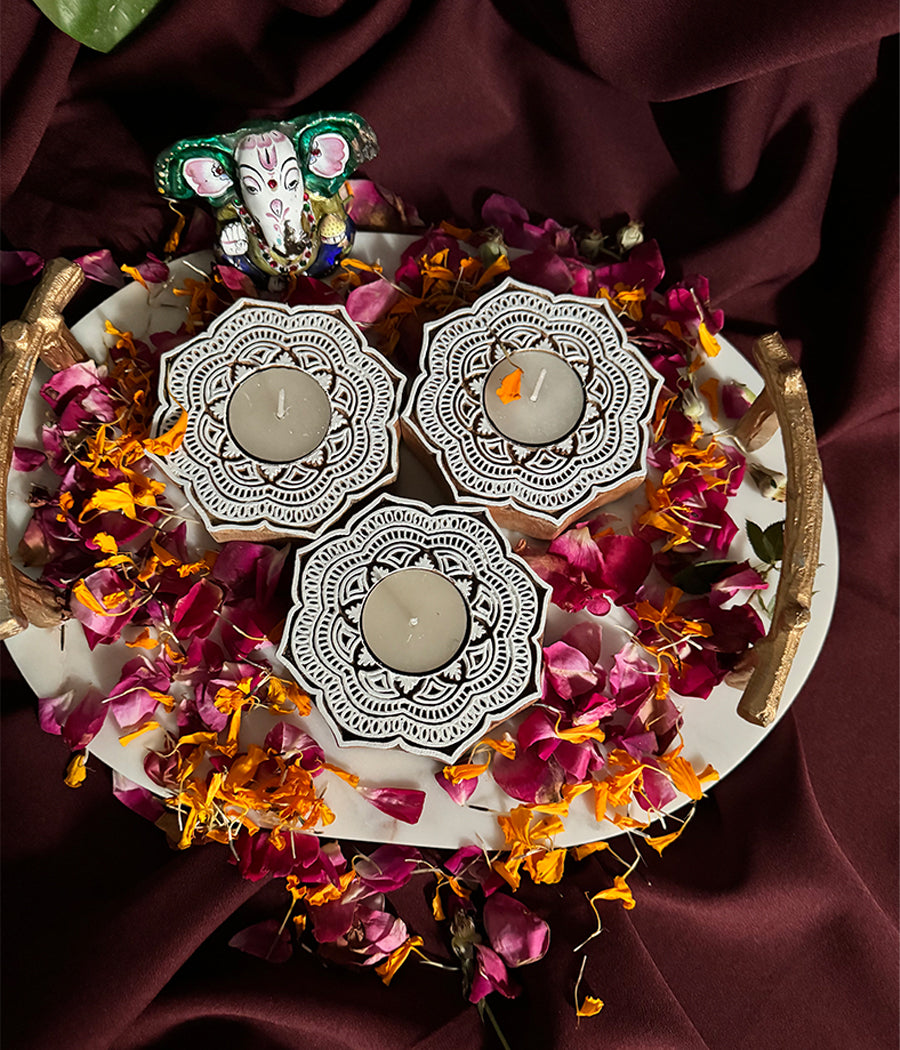 Handcrafted Flower Shape Wooden Diya - Set of 4