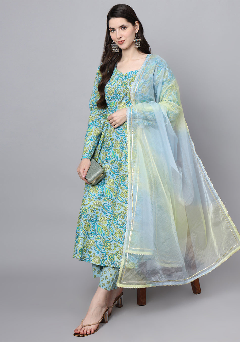 Floral Printed Sky Blue Cotton Anarkali Kurta Pant Dupatta Set