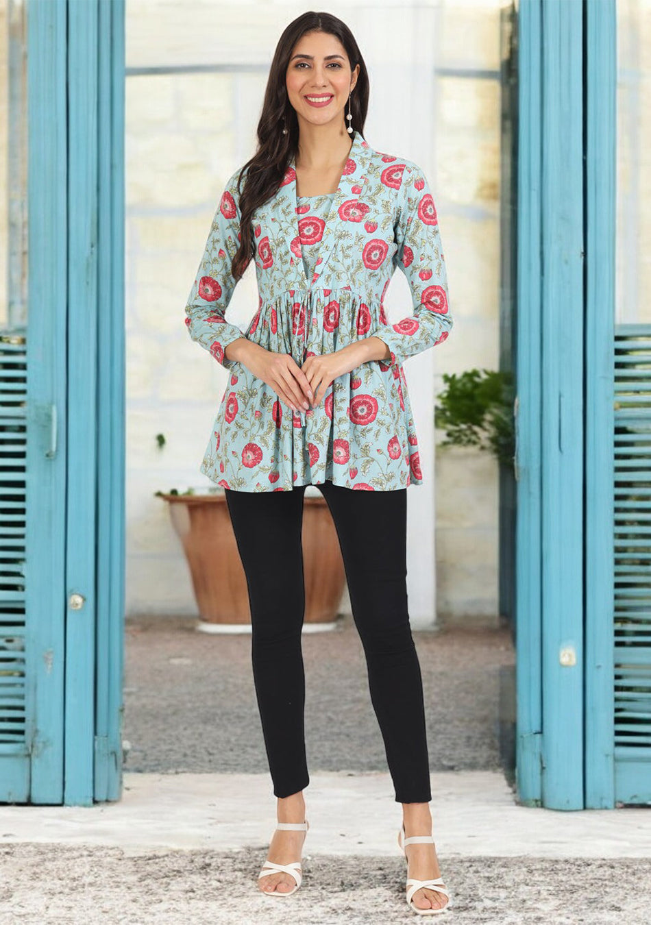 Sky Blue Floral Printed Cotton Top