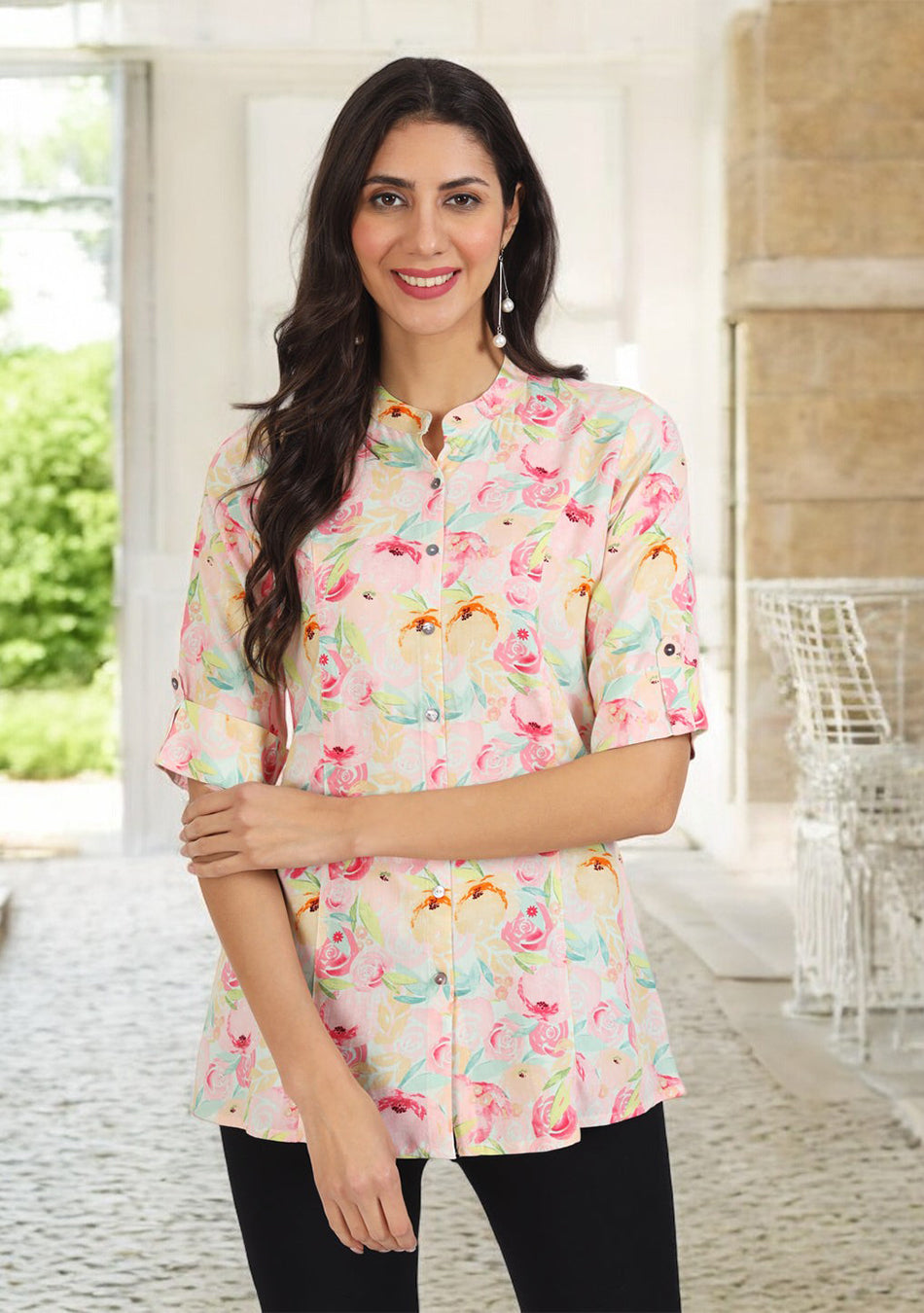 Green Floral Printed Rayon Top