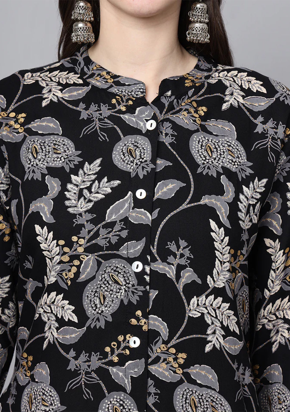 Black Rayon Printed-A-Line Kurta