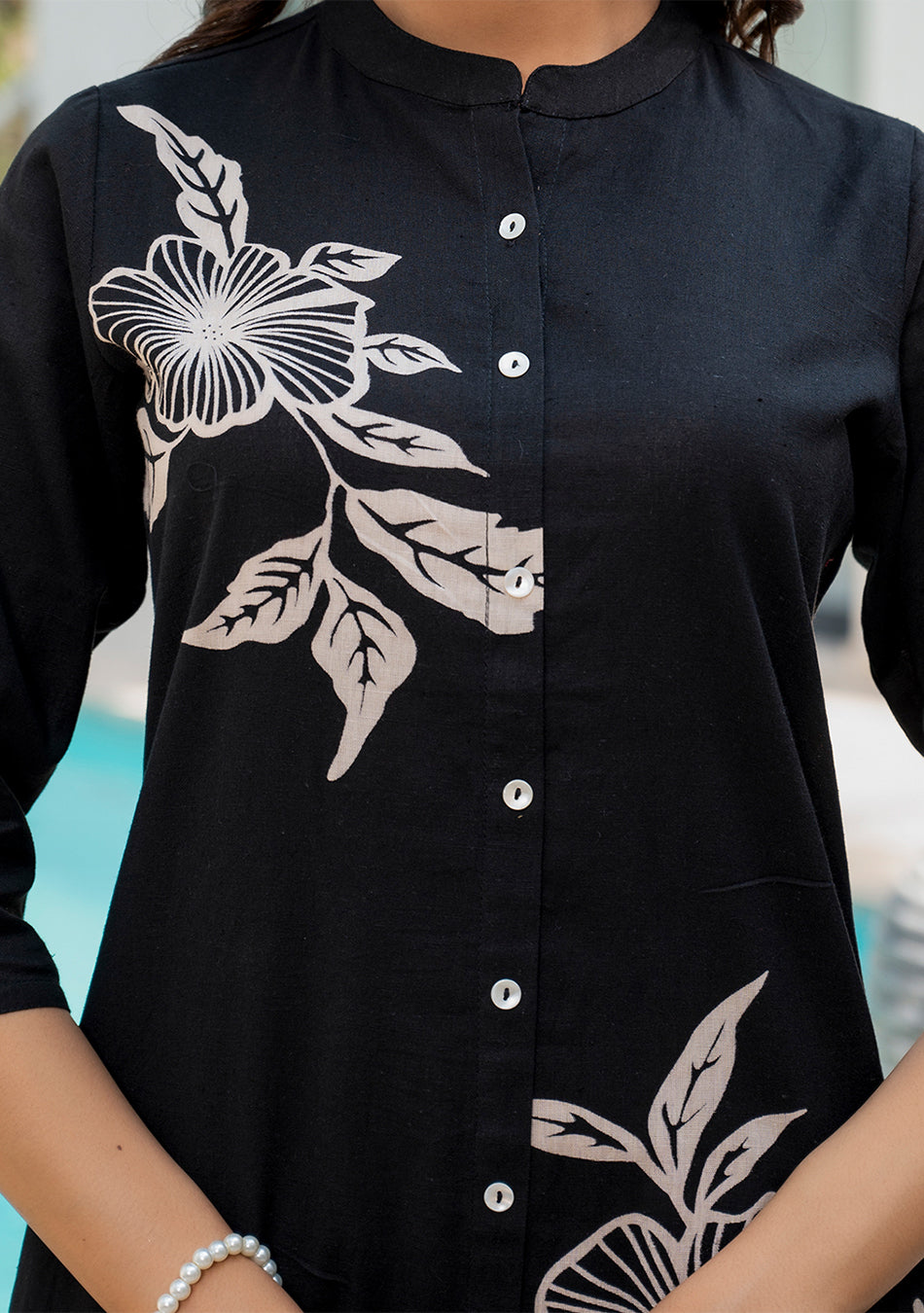 Black Floral Printed Cotton A-line Fit Kurta Pant Set