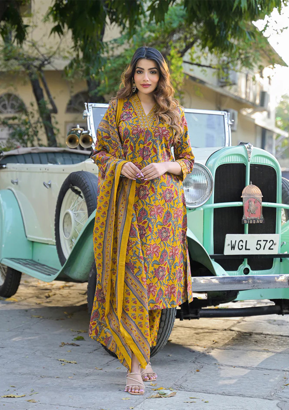 Yellow Floral Print Cotton Fabric A-Line Kurta Pant With Dupatta