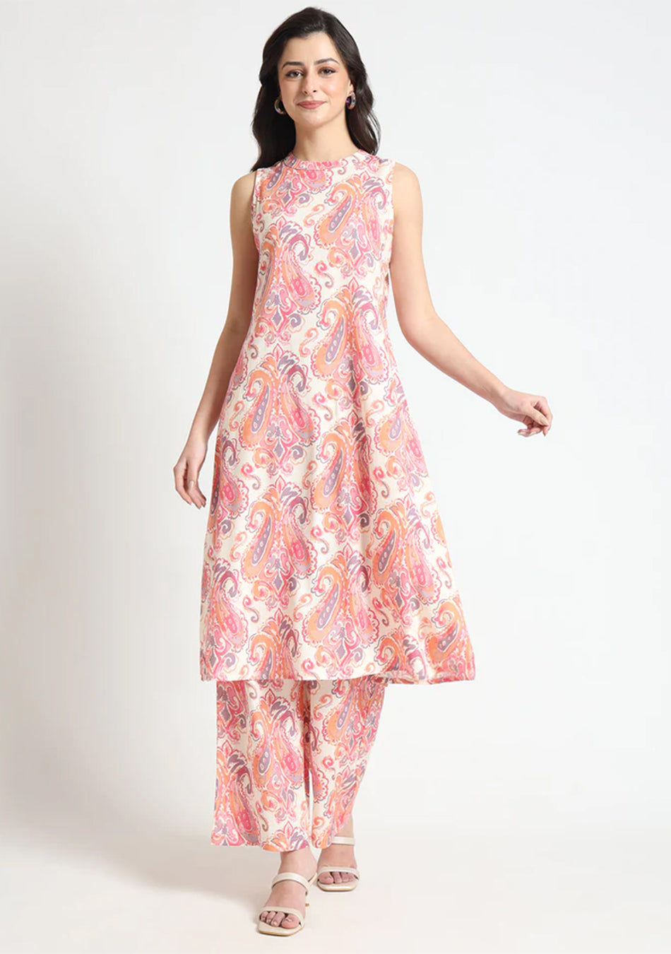 Cream Floral Print Rayon Fabric Straight Kurta with Pant