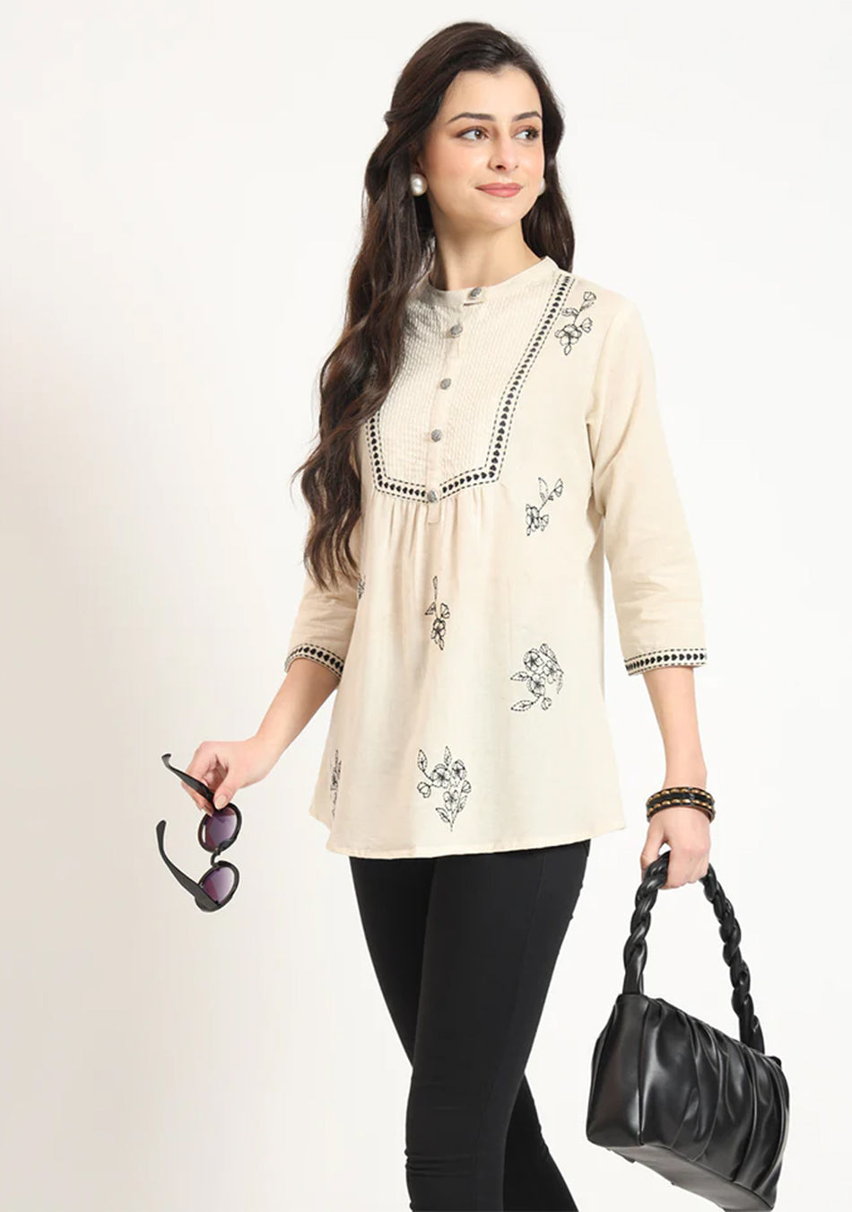 Off White Cotton Round Neck Embroidery Top