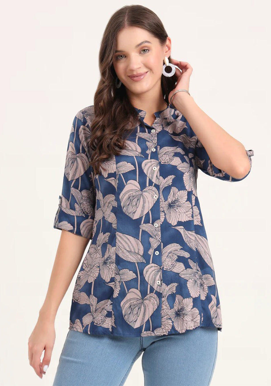 Navy Blue Rayon Rollup Sleeves A-Line Top