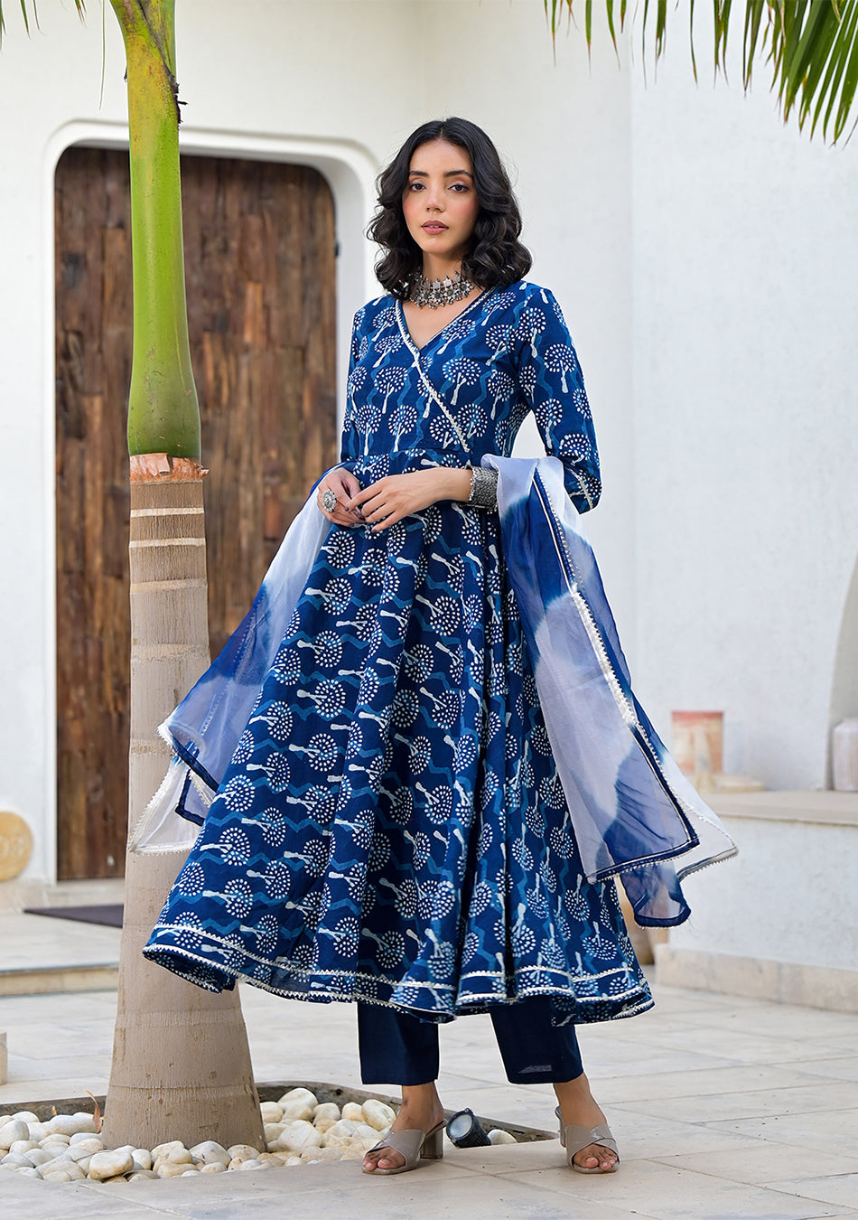 Indigo Blue HandBlock Print Cotton Anarkali Kurta Set with Organza Dupatta