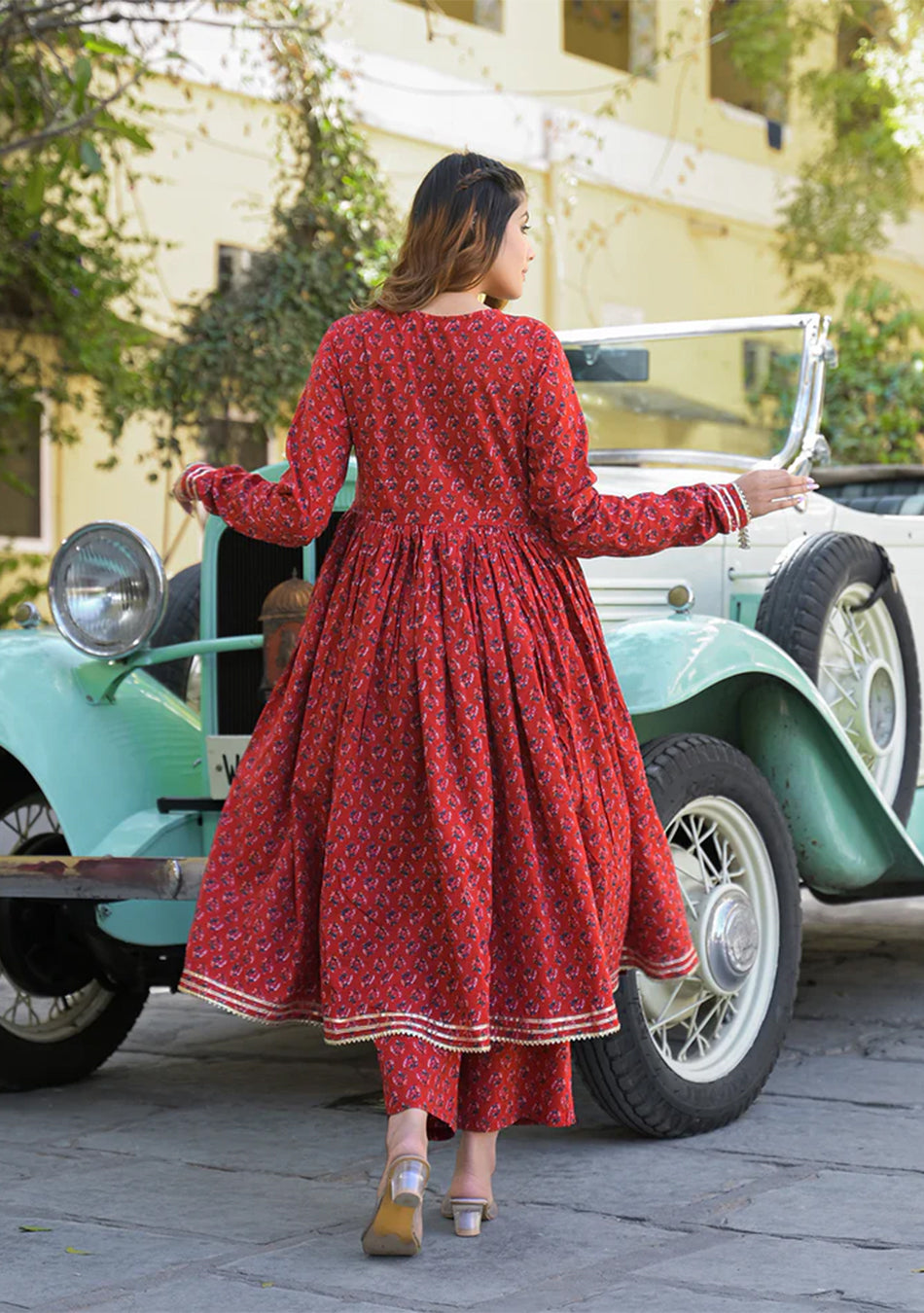Red Floral Cotton Printed Anarkali Kurta Pant With Dupatta