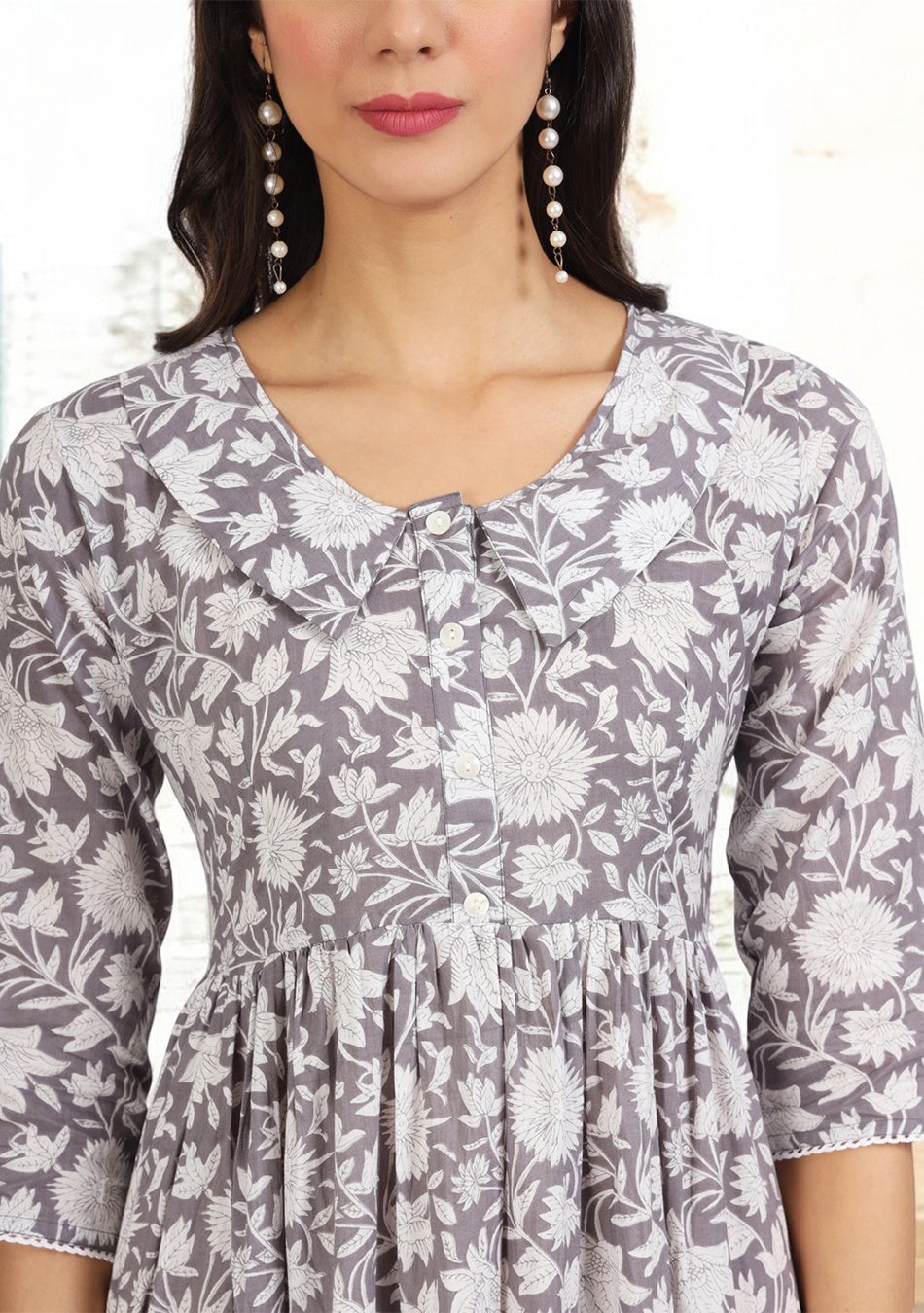 Grey Floral Printed Cotton Dress