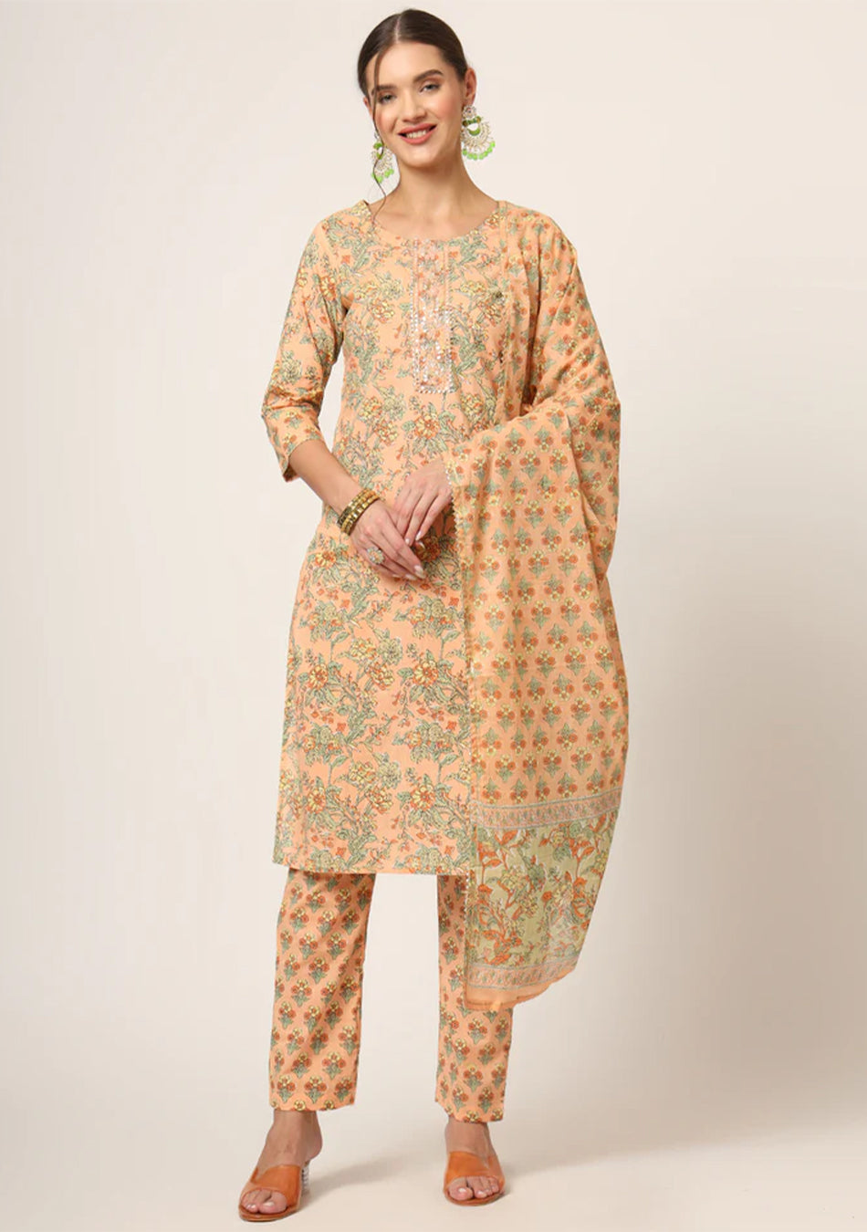 Peach Floral Print Cotton Straight fit Kurta Set