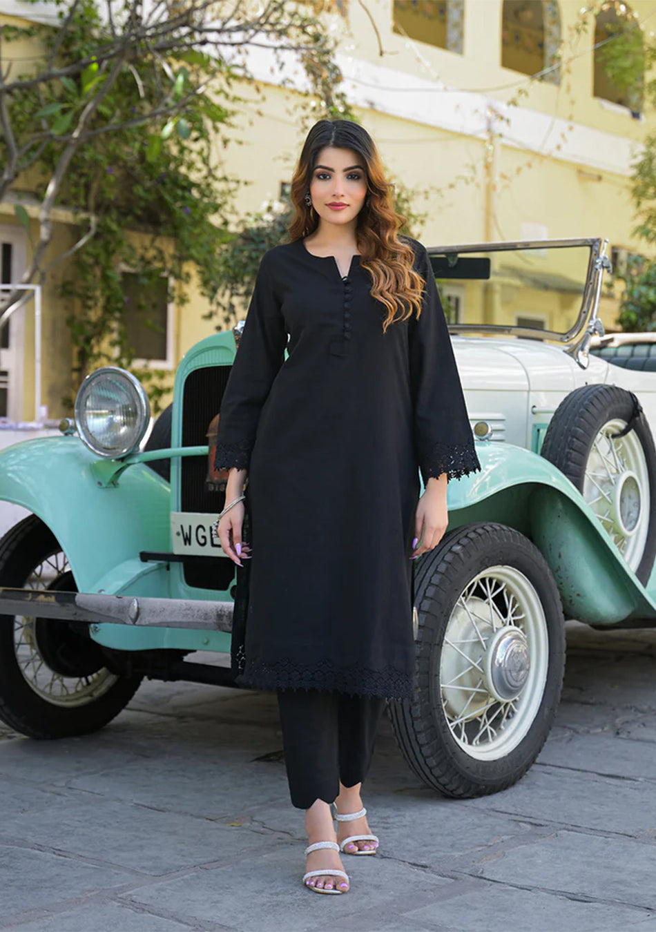 Black Solid Print Cotton Fabric Shirt Kurta with Trouser