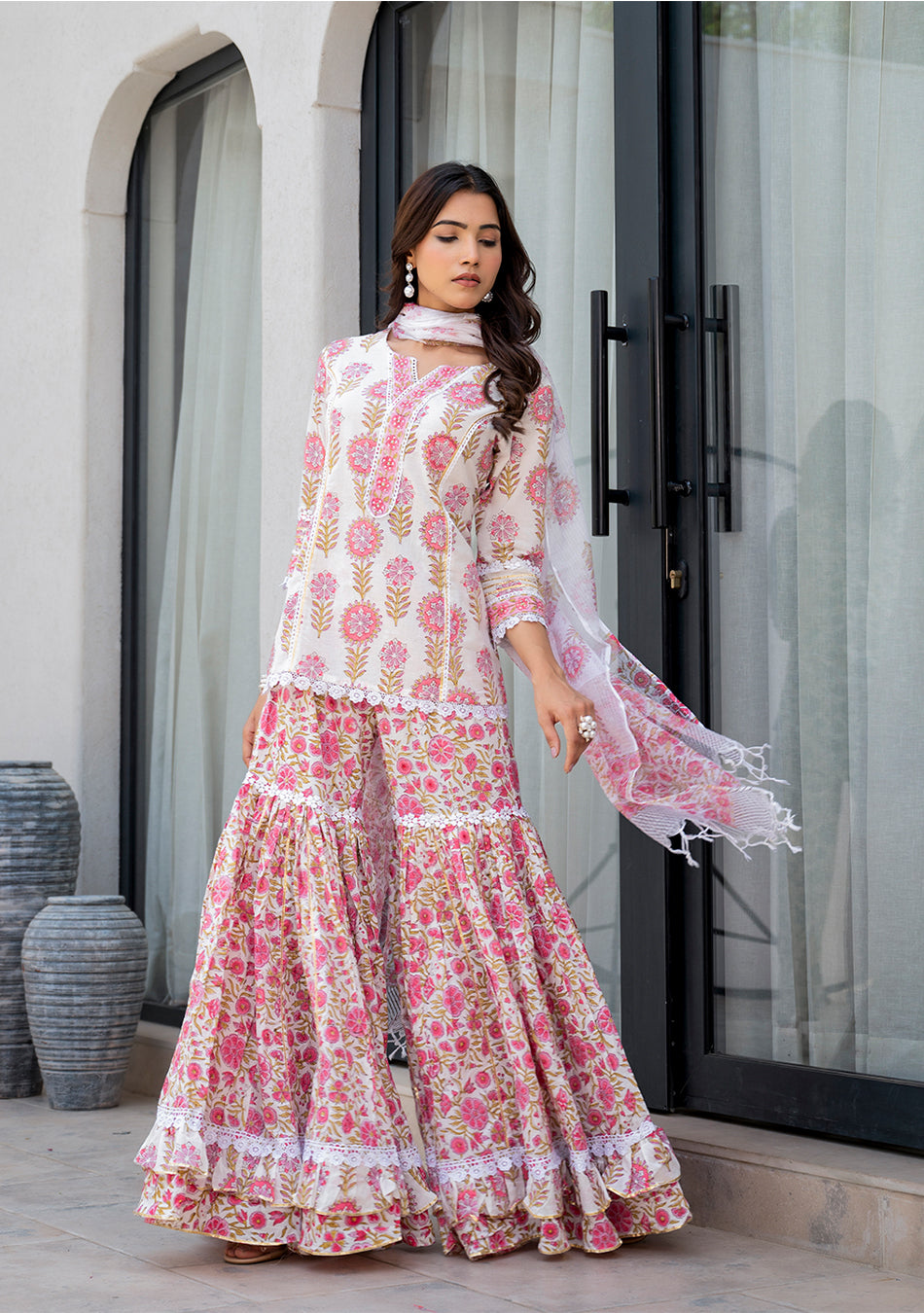 White Floral Print Pure Cotton Kurta Sharara Set for Women