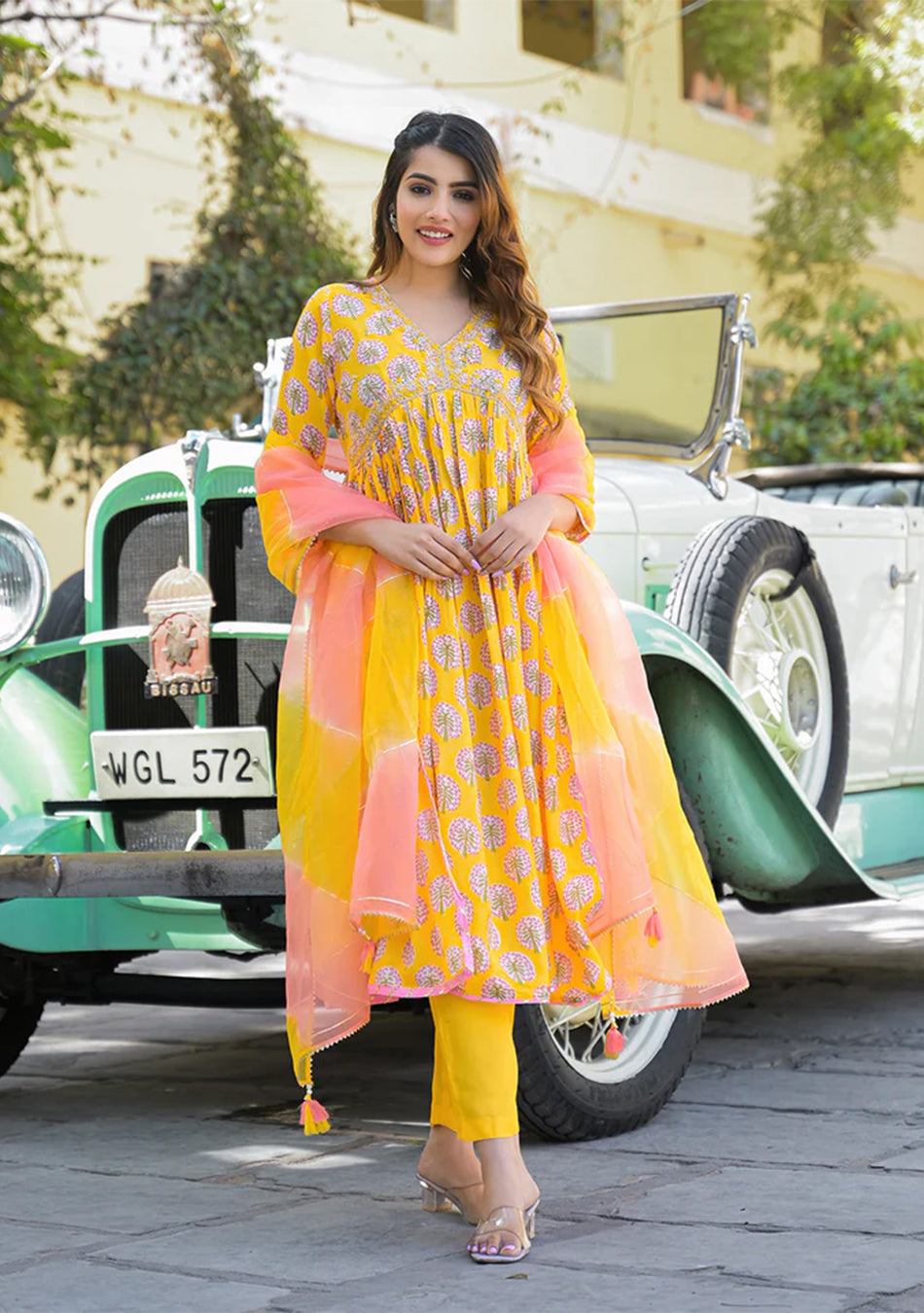 Yellow Floral Print Muslin Fabric A-Line Kurta Pant With Dupatta