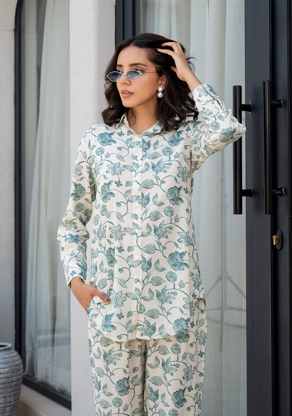 White & Green Floral Printed Rayon Co-ord Set