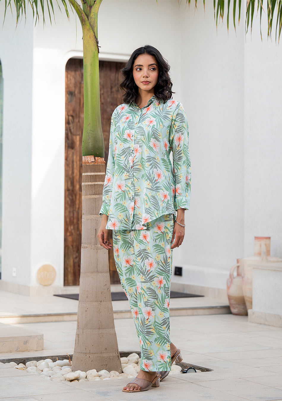 Sky Blue Floral Printed Rayon Co-ord Set