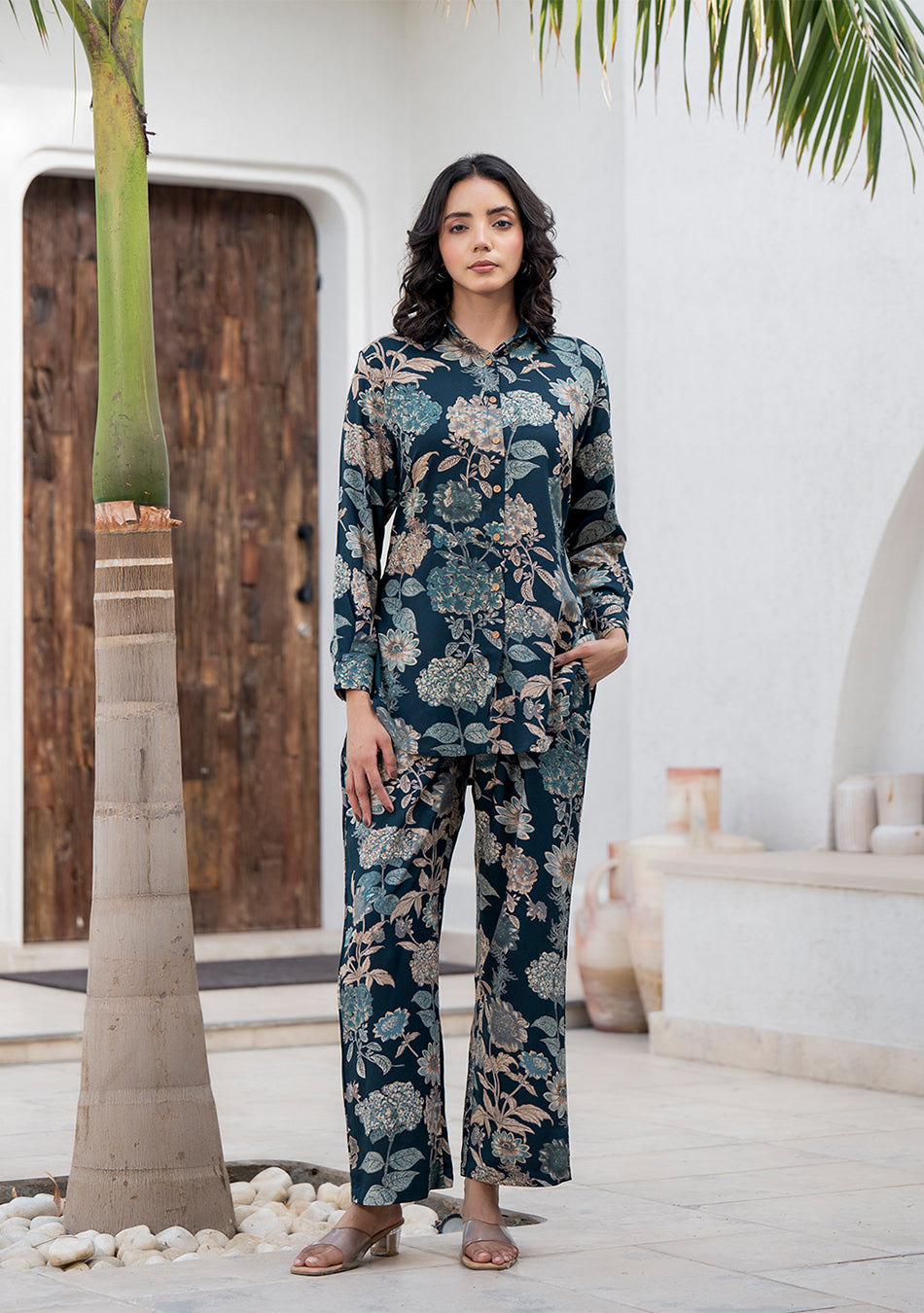 Bottle green Floral Printed Rayon Co-ord Set
