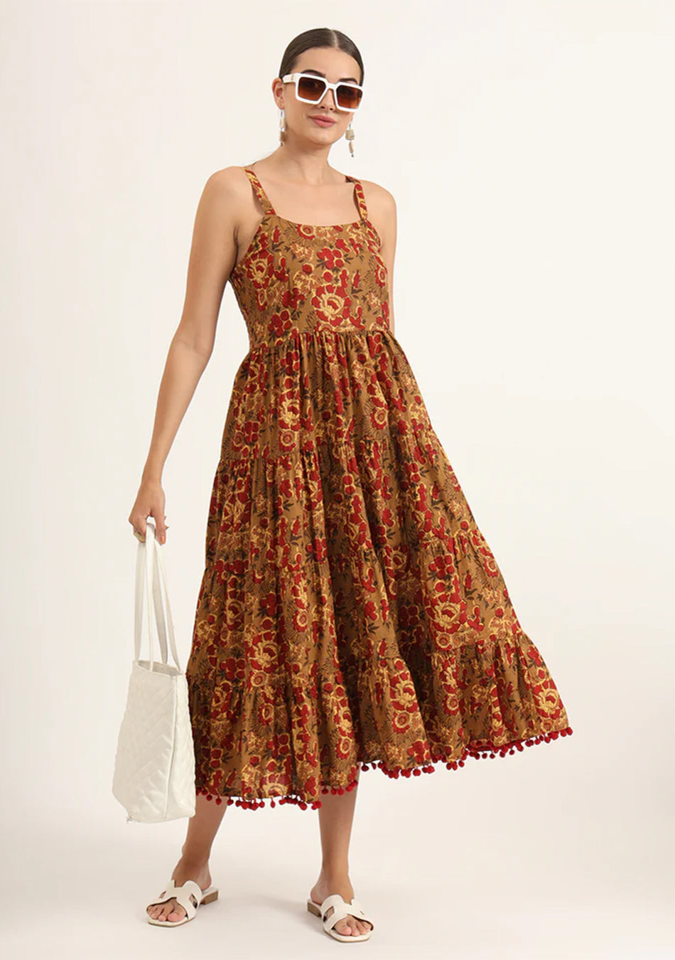 Brown Floral Print Pure Cotton Fit & Flare Dress