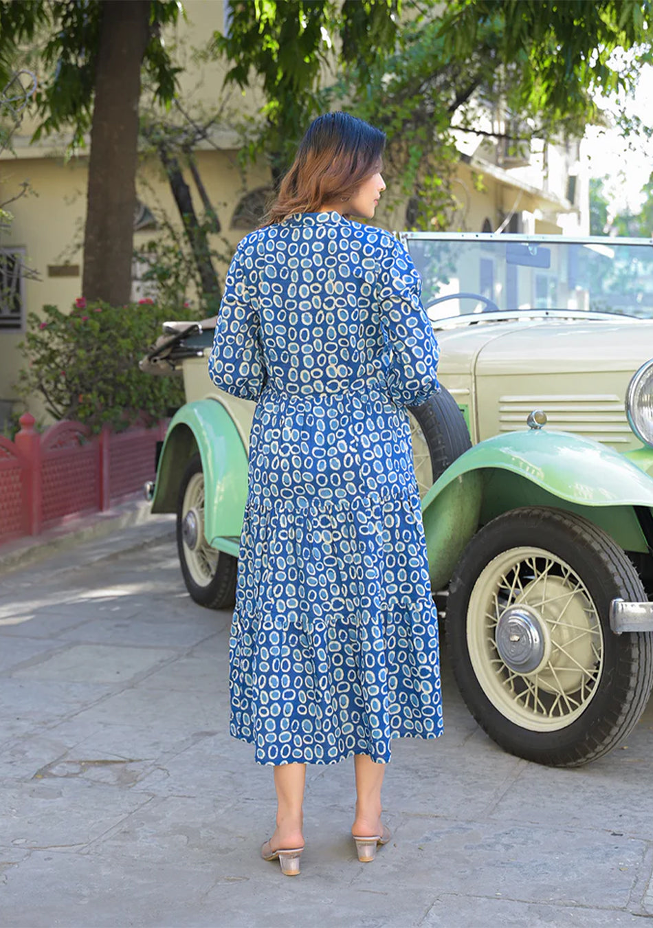 Blue Floral Print Cotton Fabric Fit Flared Dress