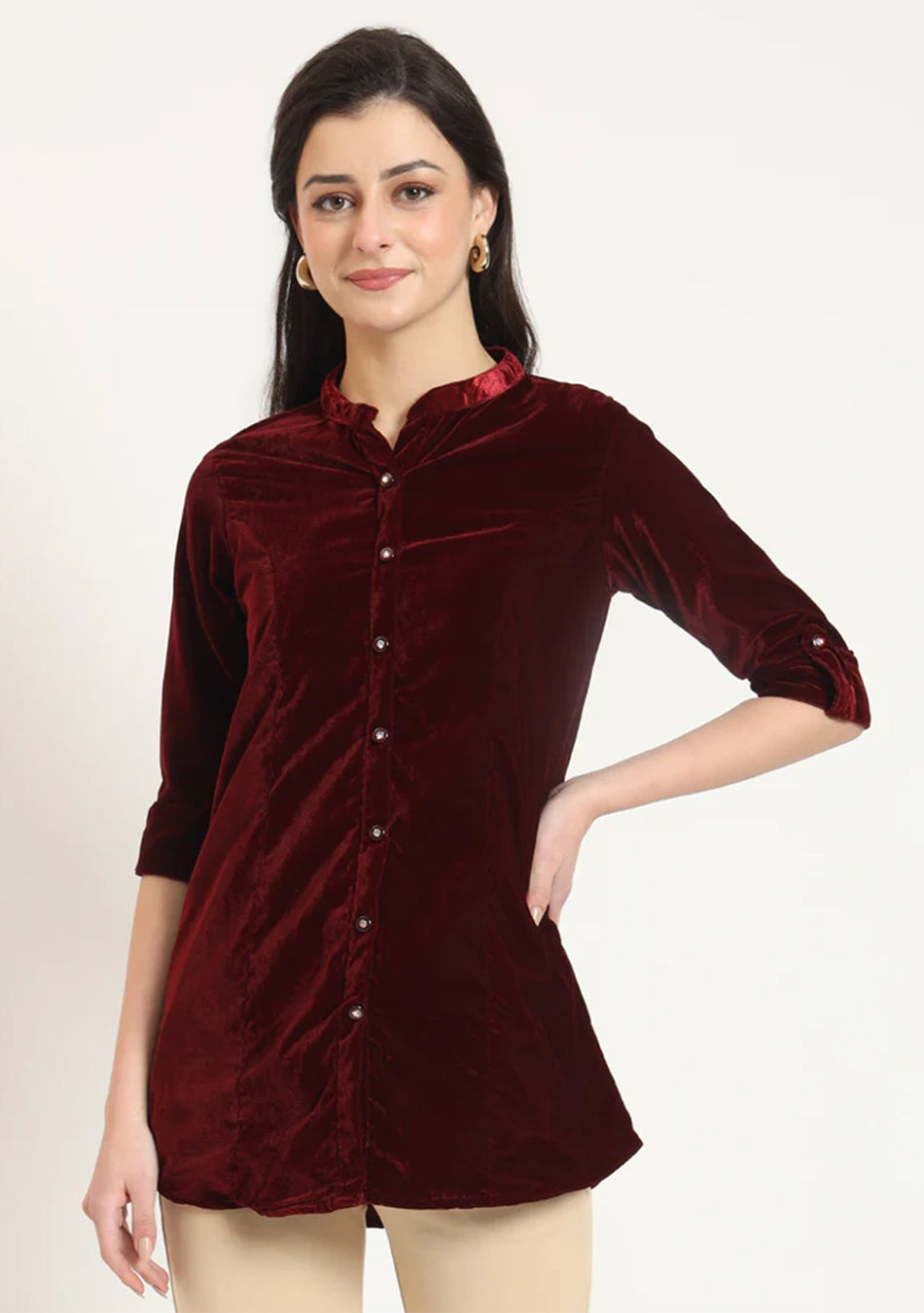 Maroon Solid Print Velvet Straight Top