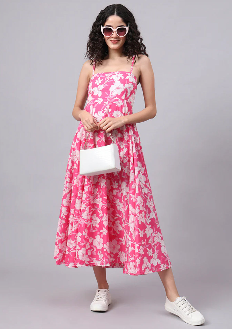 Pink Floral Shoulder Straps Cotton Dress
