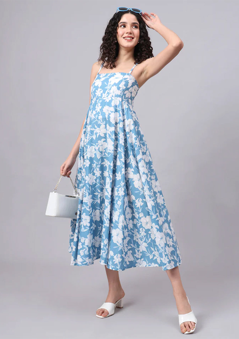 Blue Floral Shoulder Straps Cotton Dress