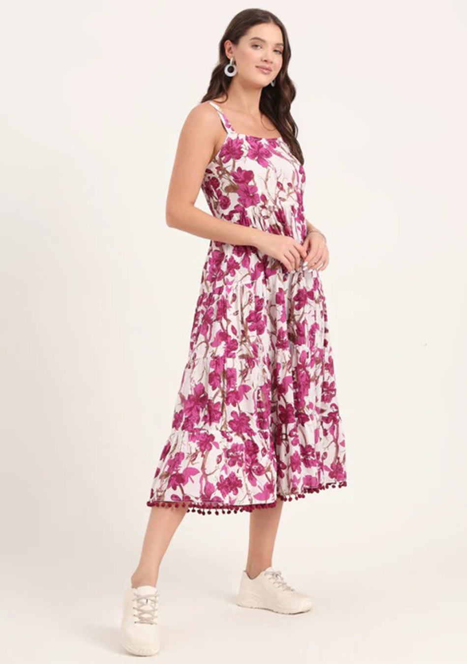 Purple Printed Cotton Shoulder Strap Pompom Dress