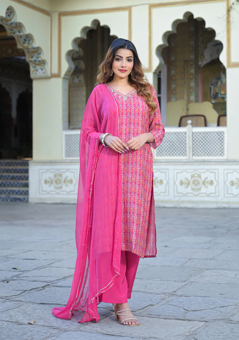 Pink Floral Printed Muslin Straight Kurta Pant with Dupatta
