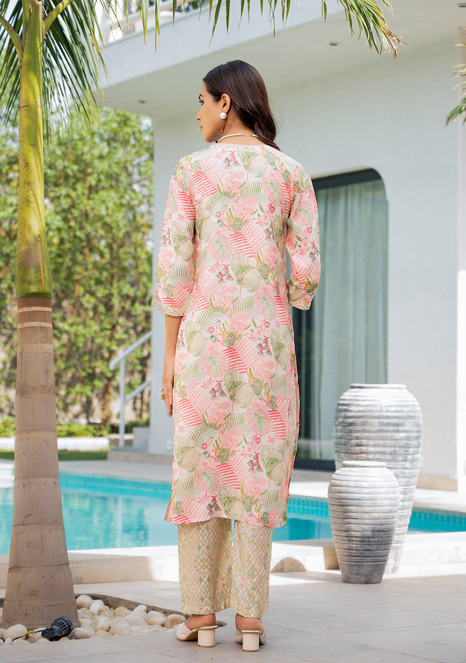 Cream Embroidered & Floral Print Muslin Kurta Set