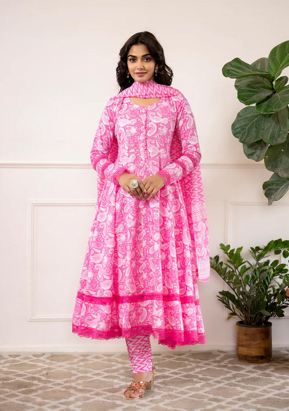 Pink Floral Print Cotton Anarkali Kurta Trouser with Dupatta Set