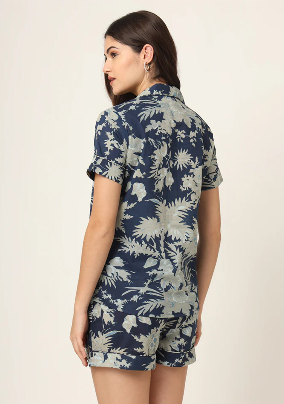 Navy Blue Printed Pure Cotton Regular Night Suit