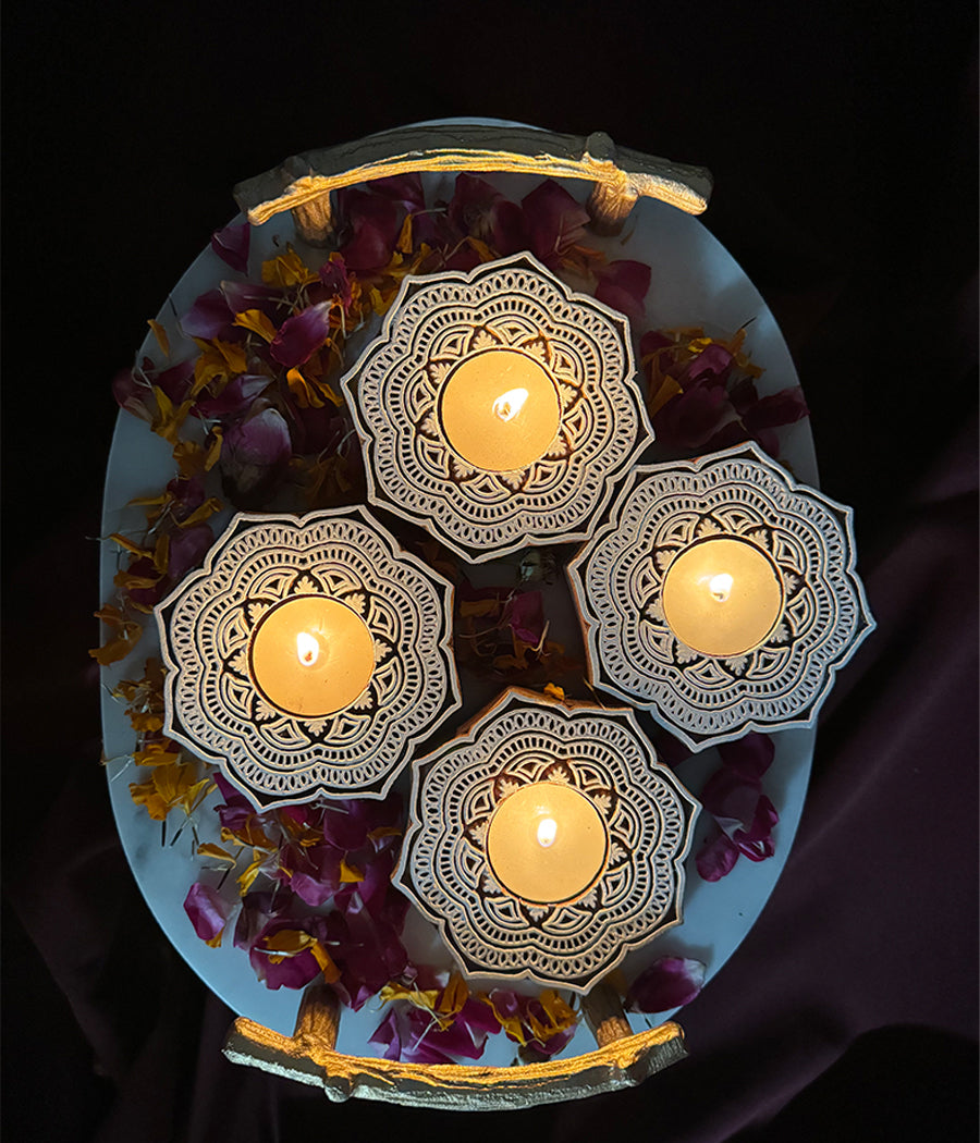 Handcrafted Flower Shape Wooden Diya - Set of 4