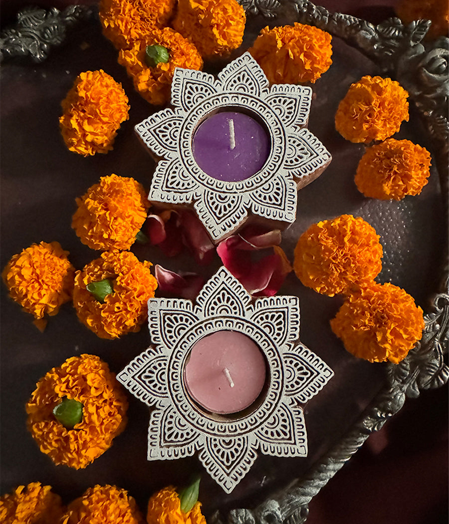 Star Carved Wood Tealight - Set of 4