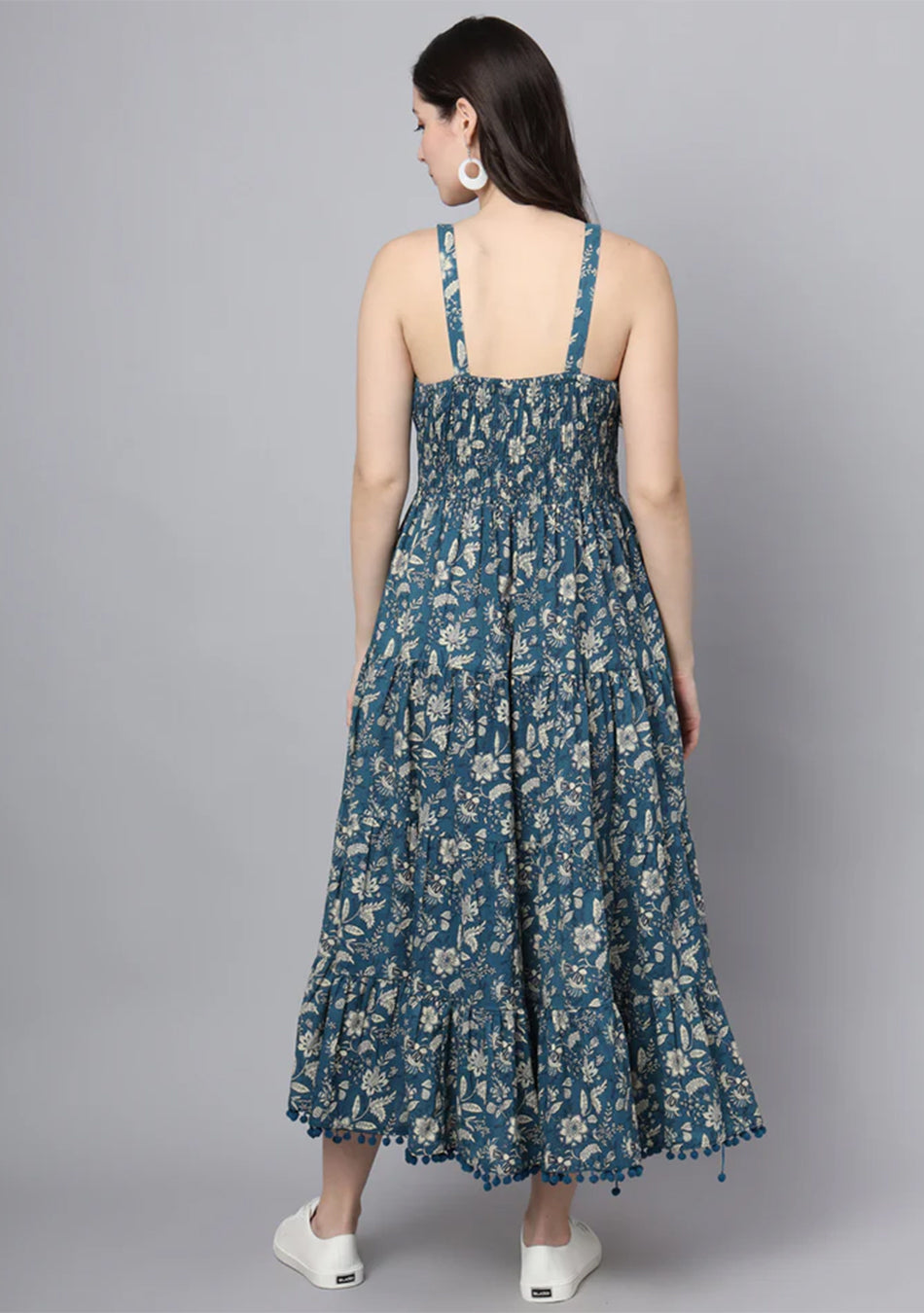 Floral Printed Shoulder Straps Cotton Flared Dress