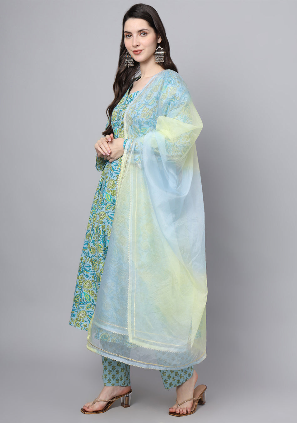 Floral Printed Sky Blue Cotton Anarkali Kurta Pant Dupatta Set