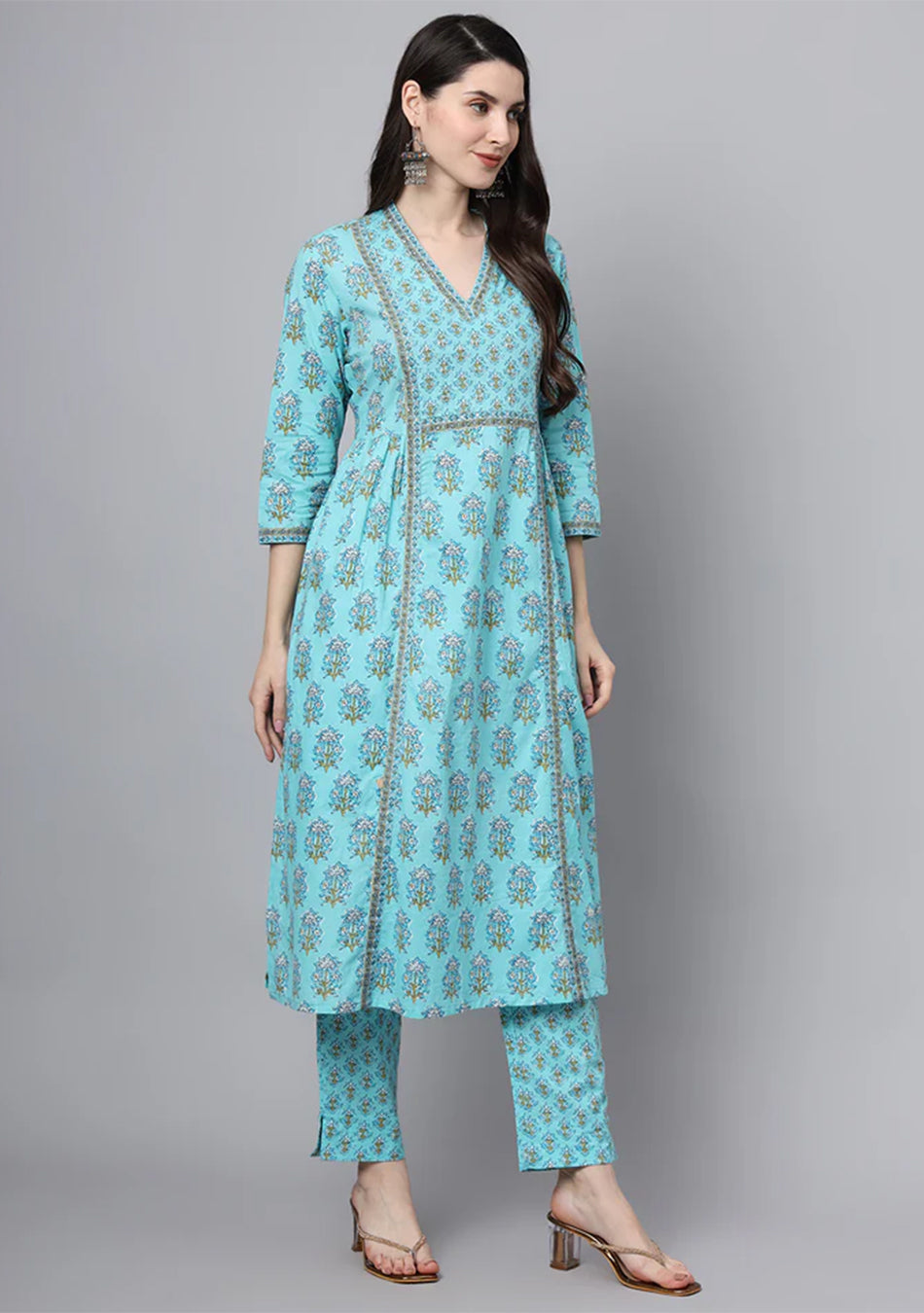 Sky Blue Cotton Printed Sequin Kurta Set