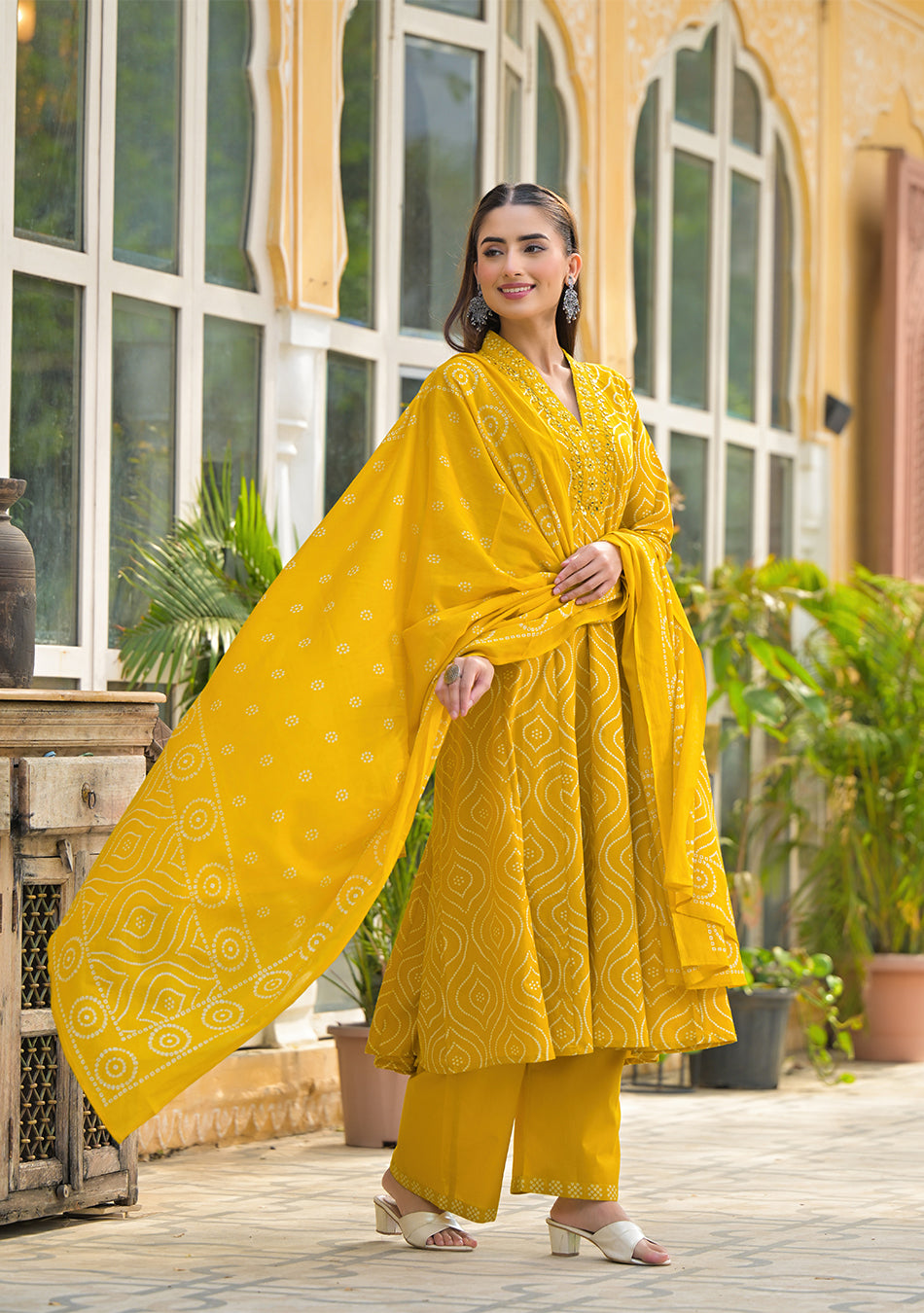 Mustard Bandhani Anarkali Suit Set