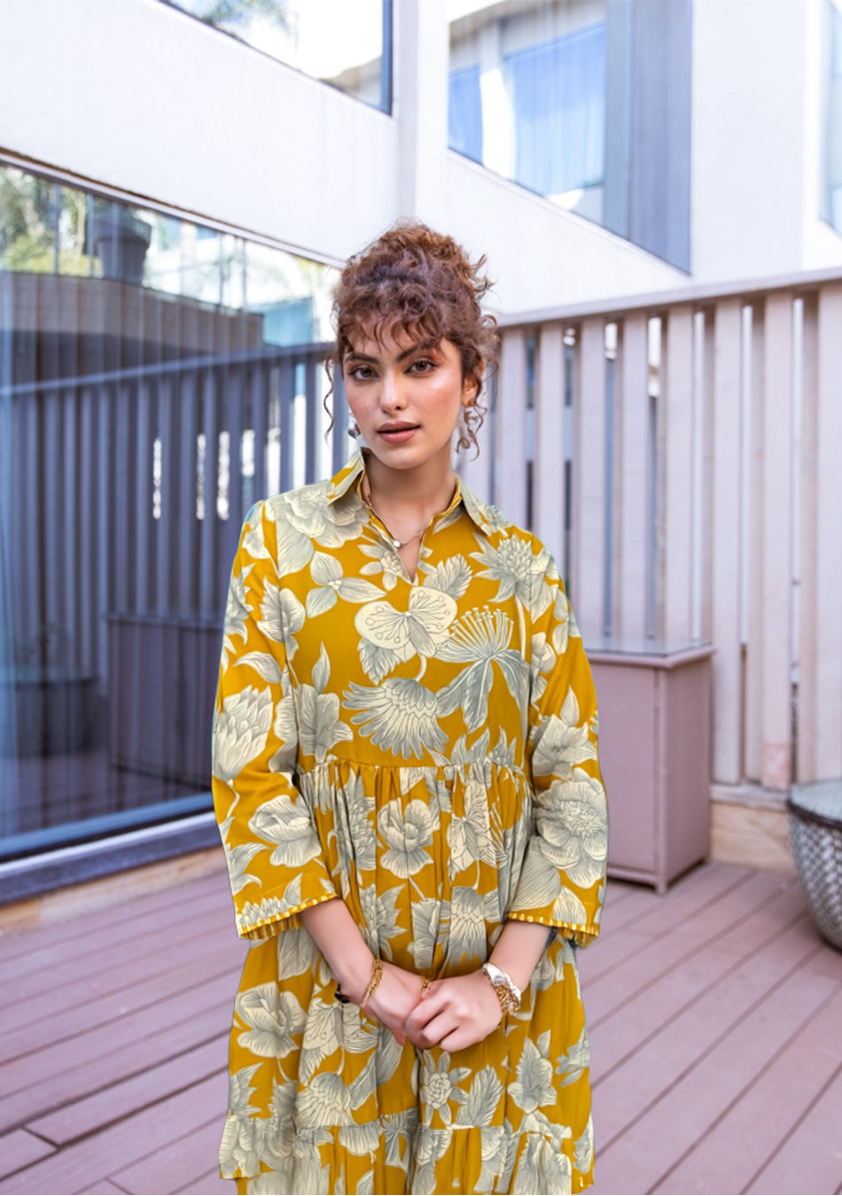 Yellow Botanical Tiered Dress