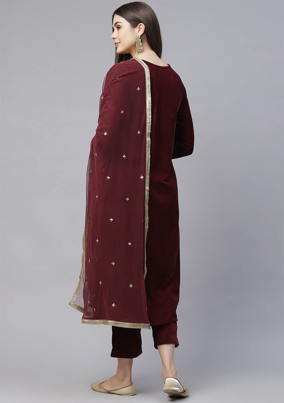 Maroon Velvet Hand Work Kurta Pant With Net Dupatta Set