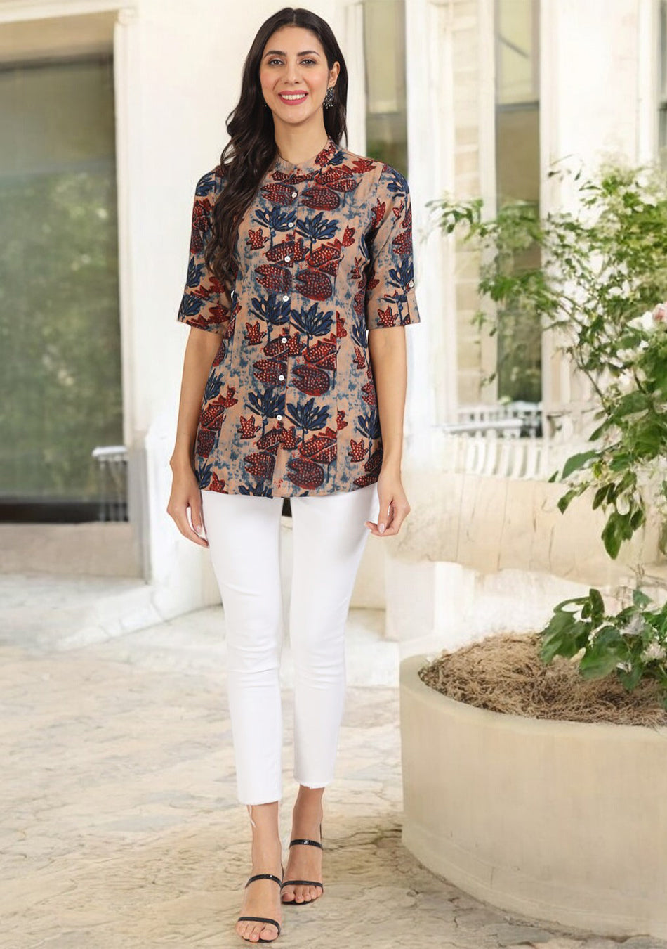 Beige Multi Floral Printed Rayon Top