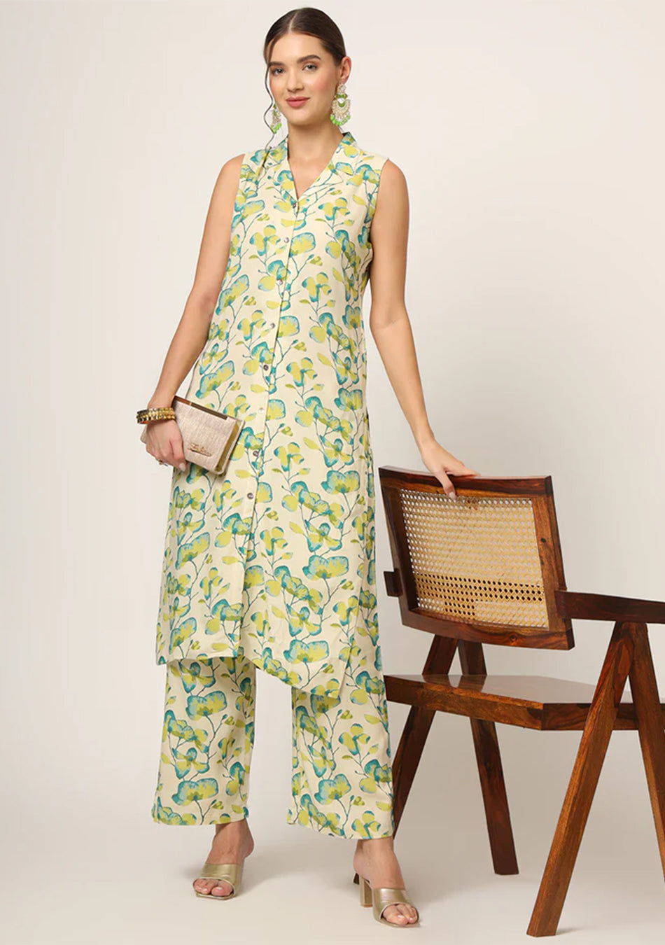 Cream Printed Rayon Fabric Straight Kurta Set