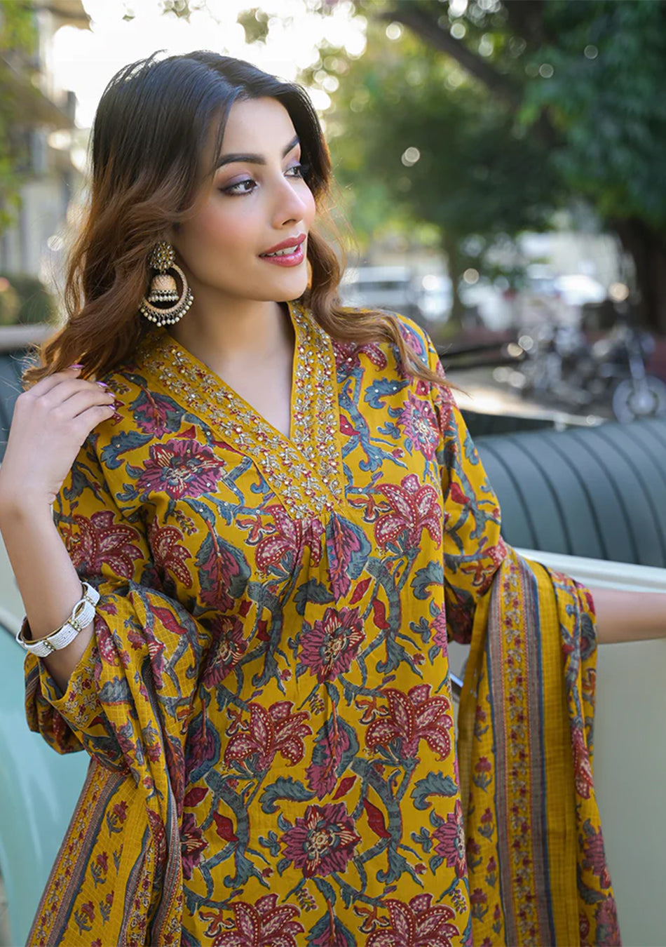 Yellow Floral Print Cotton Fabric A-Line Kurta Pant With Dupatta